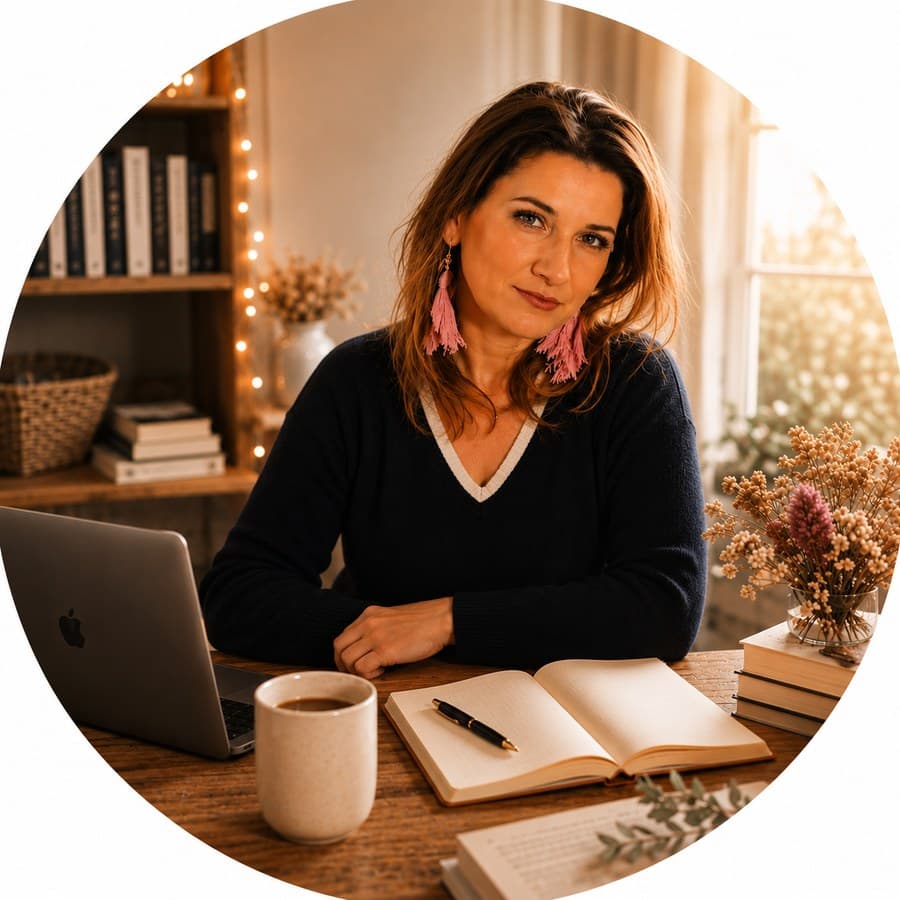 Marta Dąbrowska at her desk with an open notebook