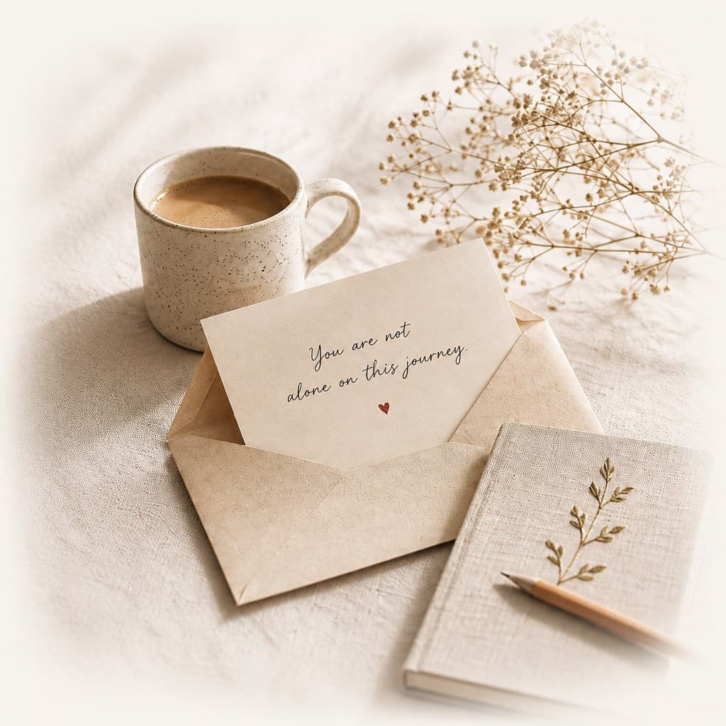 A quiet letter scene with coffee, an open envelope, and a linen notebook